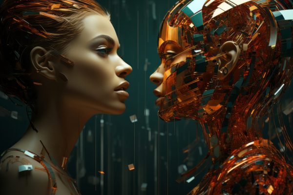 Create twin avatars, one in vibrant shades of emerald green and the other in deep ruby red, both with enigmatic expressions, facing each other face to face, in the style of digital approach, digital art --ar 3:2 --stylize 750 --v 5.2